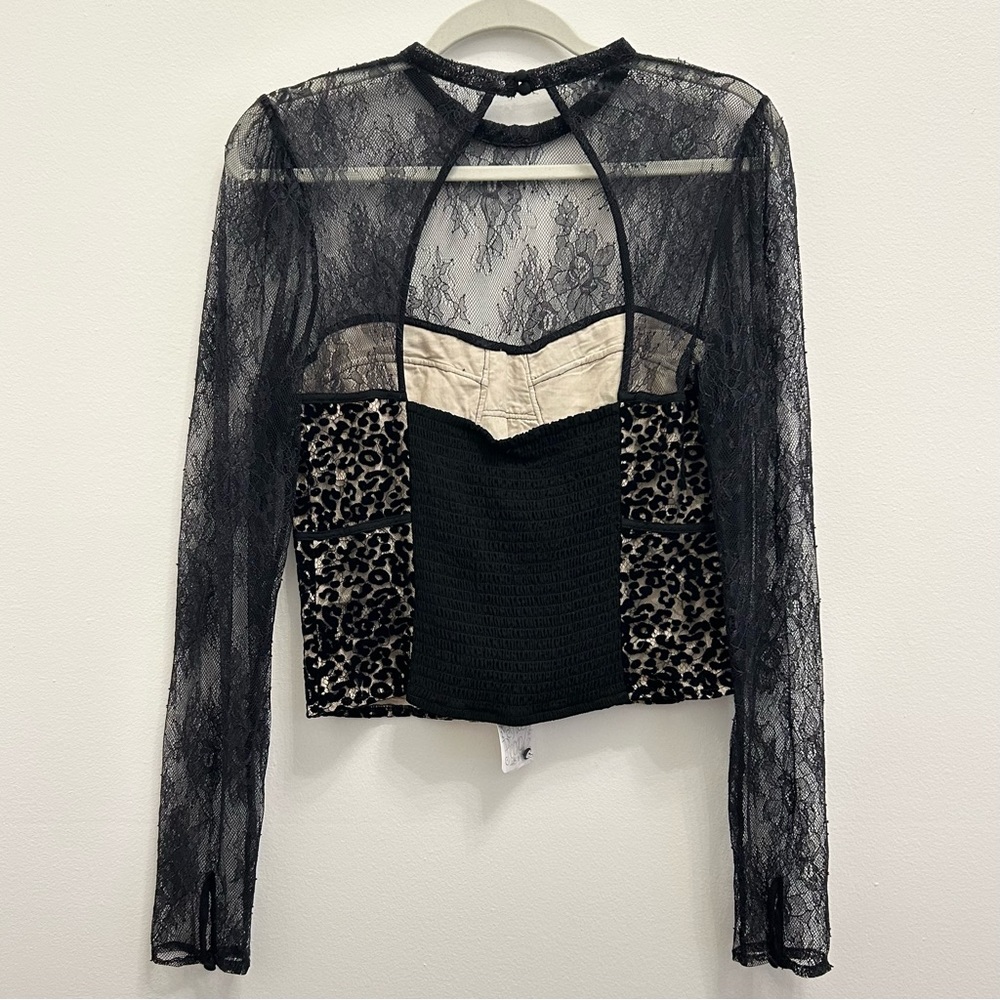 Free People Black Lace Leopard Mesh Long-Sleeve Bodysuit - Picture 8 of 16